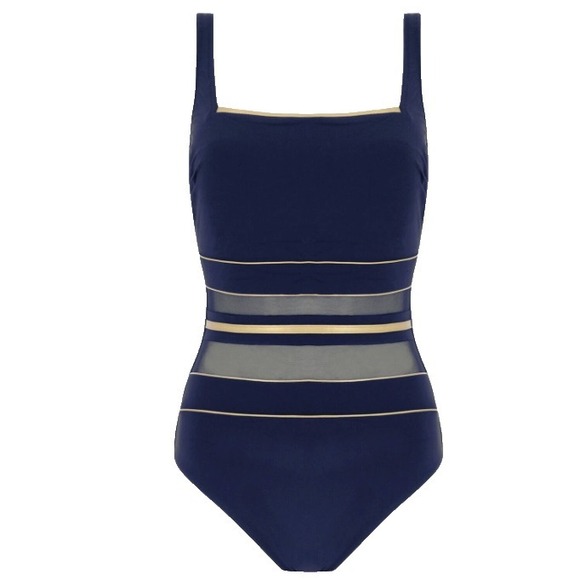 Gottex Other - Gottex Essentials Bandeau One Piece Swimsuit Navy Gold Mesh Trim Size 10